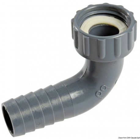 Raccord de tuyau 90° en polypropylène, avec raccord tournant et joint d'étanchéité