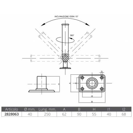 Porte-canne ø mm.40 avec inclinaison réglable et fixation sur base