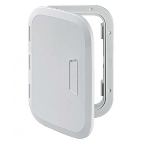 White door that can be opened 180° with push-pull handle and snap closure