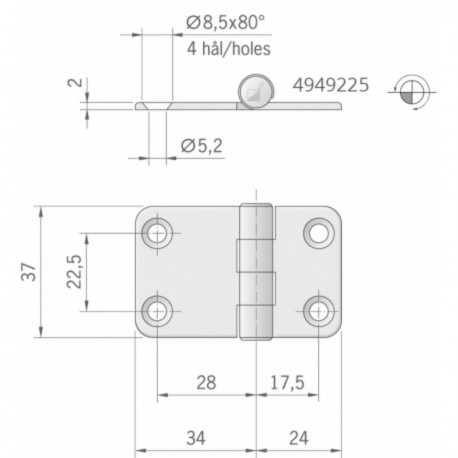 Charnière en acier inoxydable AISI 304 poli miroir - Dimensions 58 x 37 mm.