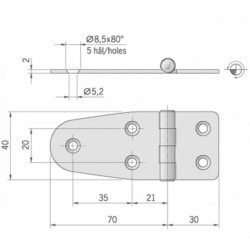 Spegelpolerat gångjärn i rostfritt stål AISI 316 - Mått 100 x 40 mm. 2