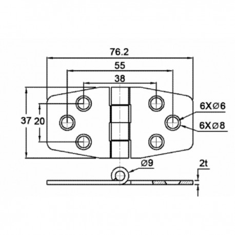 Cerniera con copertura in acciaio inox aisi 316 - Dimensioni 76 x 37
