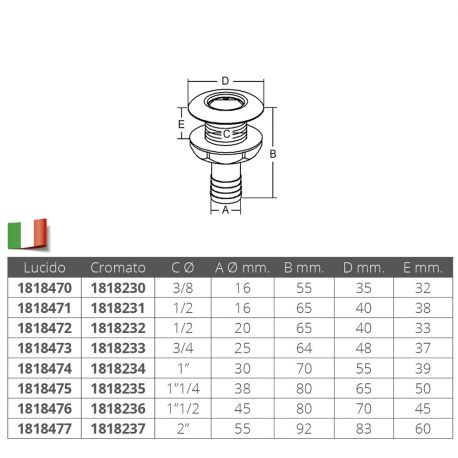 Chromed brass overboard drain with hose connector