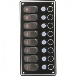 Wasserdichte Schalttafel aus schwarzem Aluminium mit LED-beleuchteten Wippschaltern und wasserdichten 15-A-Schutzschaltern
