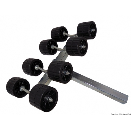Bracket with 8 tilting side rollers Ø 100 mm.