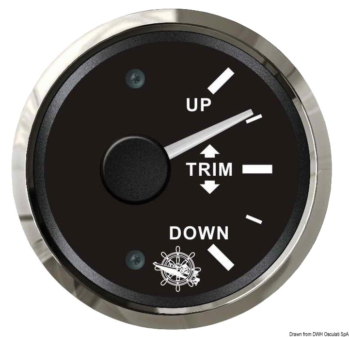 Indicatore trim destro Ø 57 mm. : Colore ghiera - Cromato, Colore quadrante - Nero, Compatibilità - Universale