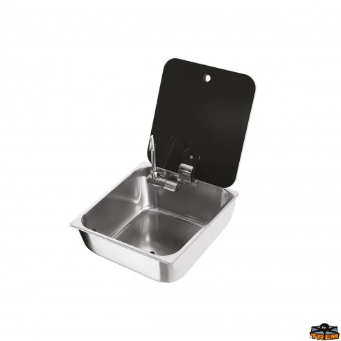 Rechteckiges Waschbecken mit klappbarem Wasserhahn und Abdeckung aus gehärtetem Rauchglas - Dose