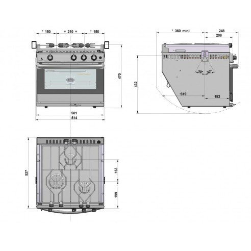 Kitchen with three-burner oven/grill...