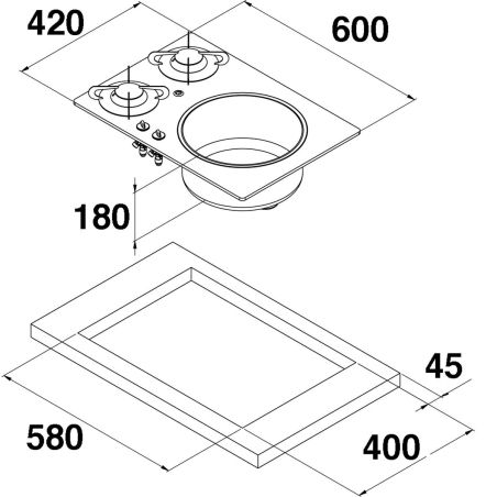 PV1360 built-in glass combination gas hob, 2 burners with sink - Can