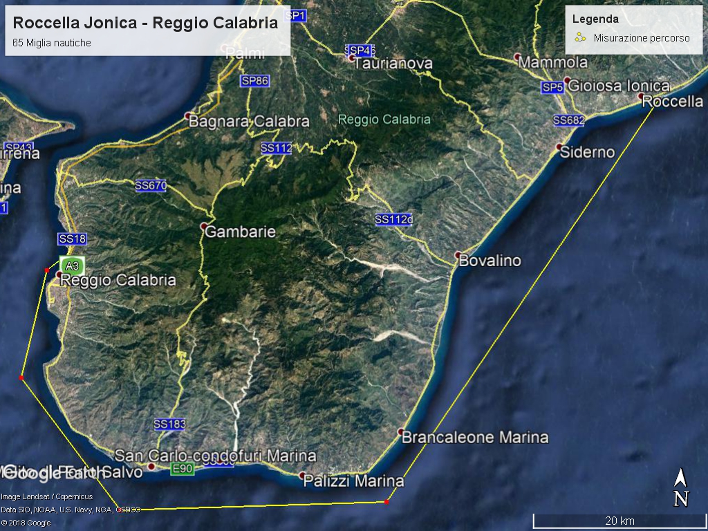 Rotta nautica da Roccella Ionica a Reggio Calabria